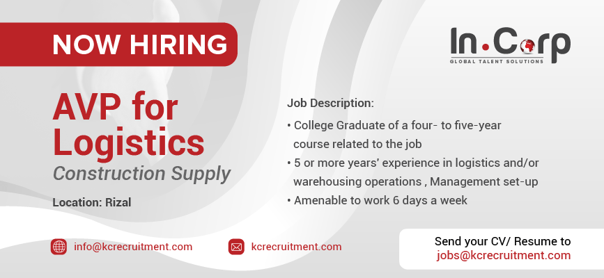For Hire: AVP for Logistics for a company based in Rizal | Apply Now!