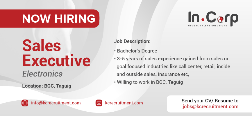 For Hire: Sales Executive based in BGC, Taguig City | Apply Now!