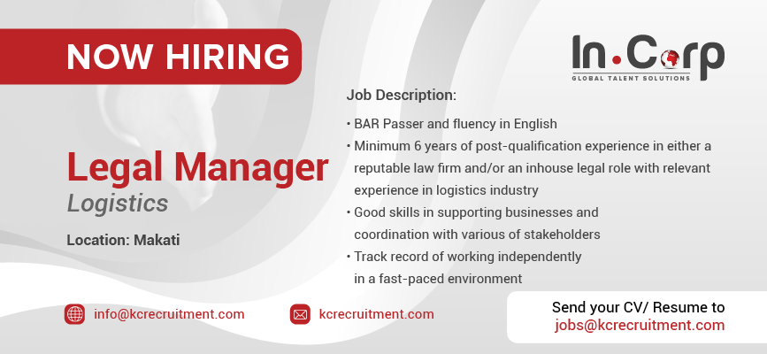 For Hire: Legal Manager for a company based in Makati City.