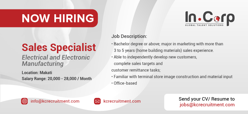 For Hire: Sales Specialist for a company based in Makati City