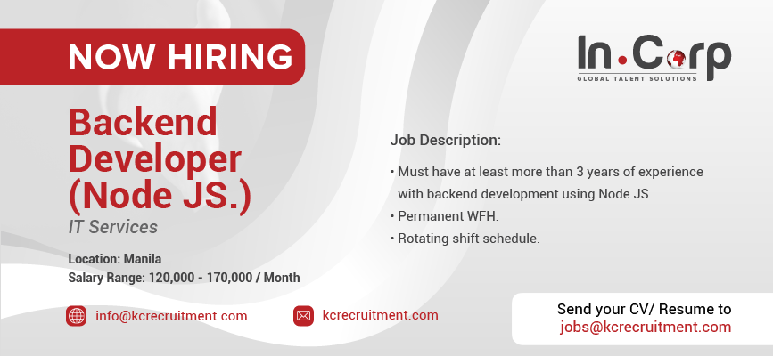 For Hire: Backend Developer (Node JS.) for a company in Manila City
