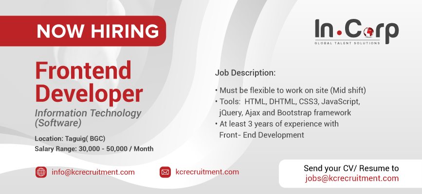 For Hire: Frontend Developer for a company based in BGC, Taguig City