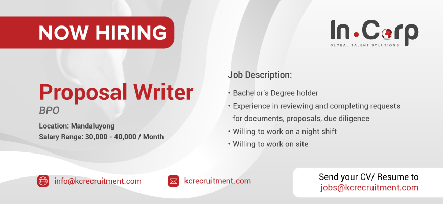 For Hire: Proposal Writer for a company based in Mandaluyong City