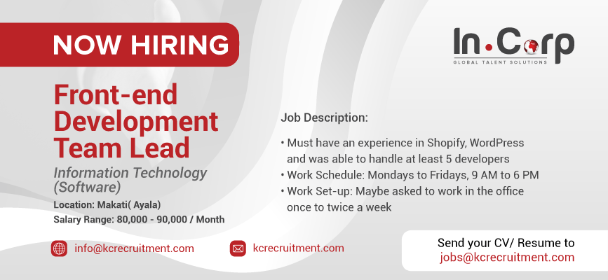 For Hire: Front-end Development Team Lead in Ayala, Makati City