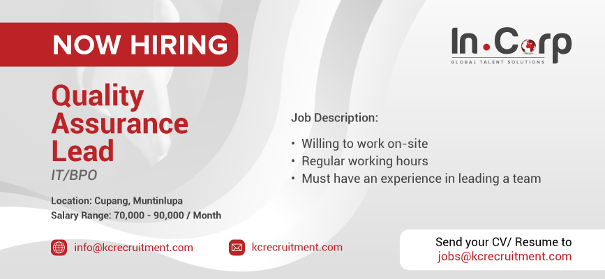 For Hire: Quality Assurance Lead for a company based in Muntinlupa