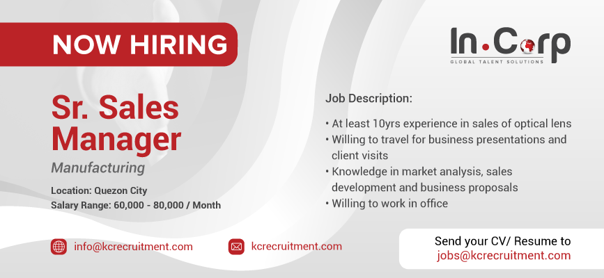 For Hire: Sr. Sales Manager for a company based in Quezon City