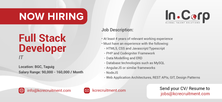 For Hire: Full Stack Developer for a company in BGC, Taguig City