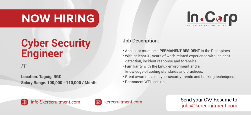 For Hire: Cyber Security Engineer in BGC, Taguig City