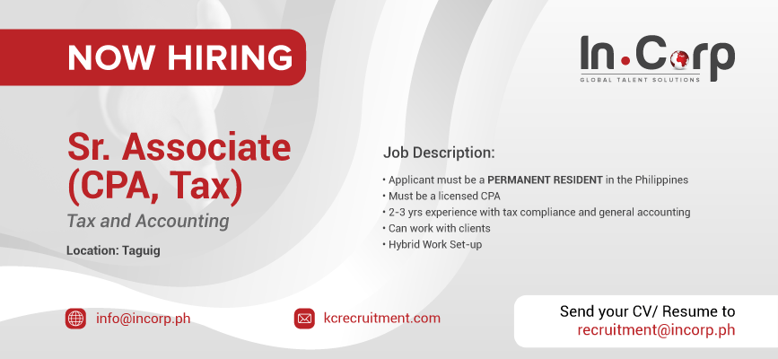 For Hire: Sr. Associate (CPA, Tax) in for a company in Taguig City