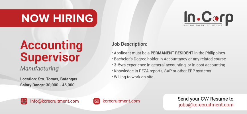 For Hire: Accounting Supervisor based in Sto. Tomas, Batangas