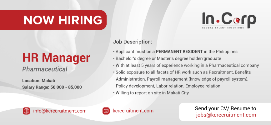 For Hire: HR Manager (onsite) for a company based in Makati City