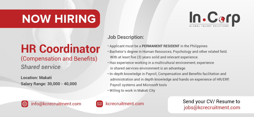 For Hire: HR Coordinator (Compensation & Benefits) in Makati City