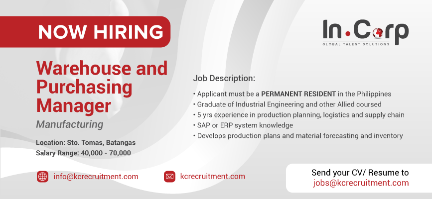 For Hire: Warehouse and Purchasing Manager in Batangas