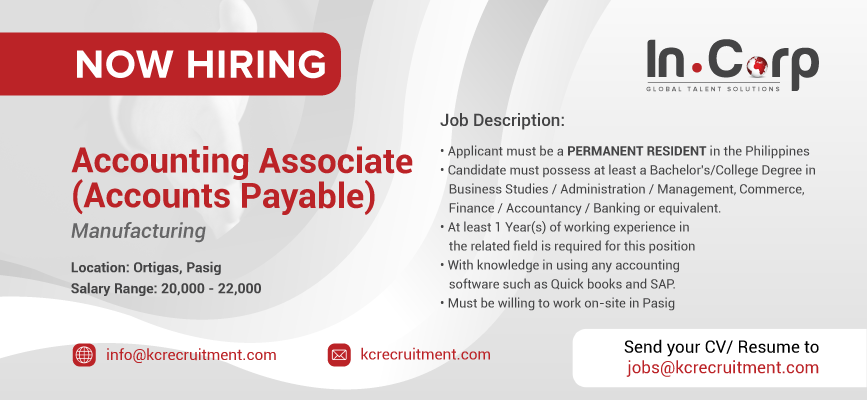 For Hire: Accounting Associate (Accounts Payable) in Makati City