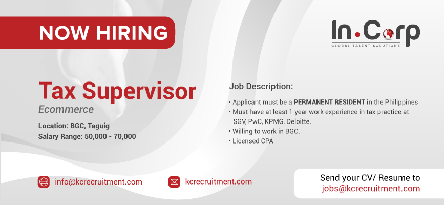 For Hire: Tax Supervisor for a company in BGC, Taguig