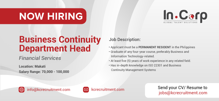 For Hire: Business Continuity Department Head based in Makati
