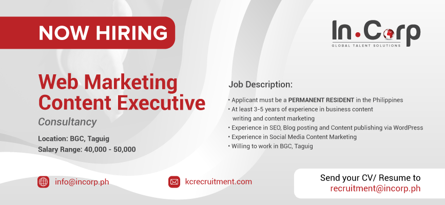 For Hire: Web Marketing Content Executive in BGC, Taguig