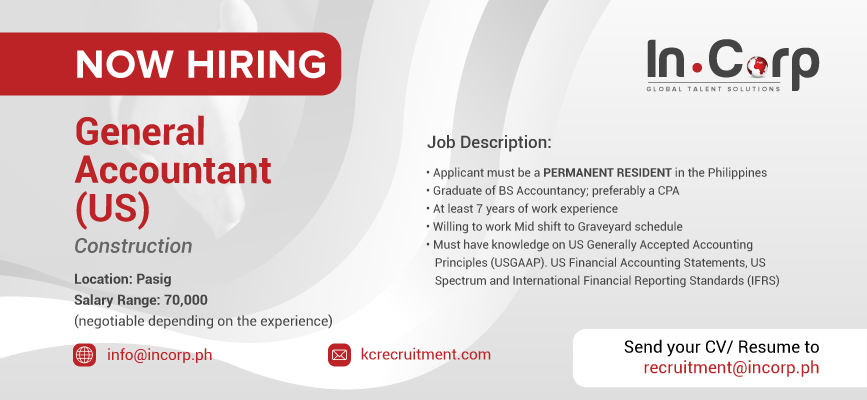 For Hire: General Accountant (US) for a company based in Pasig