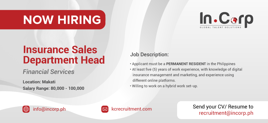 For Hire: Insurance Sales Department Head based in Makati