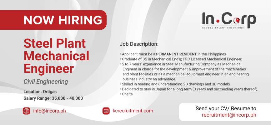 For Hire: Steel Plant Mechanical Engineer for a company in Ortigas