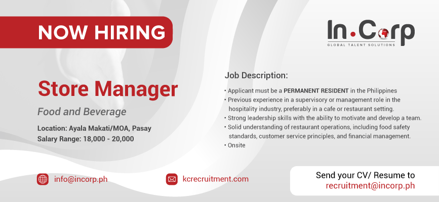 For Hire: Store Manager for a company based in NCR.